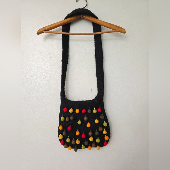 Multicolor Pom Pom Ball Purse Shoulder Bag 100% Wool Made In Nepal - Picture 1 of 11